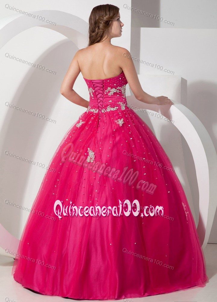 New Style Hot Pink Appliques and Beading Dress for Quinceanera