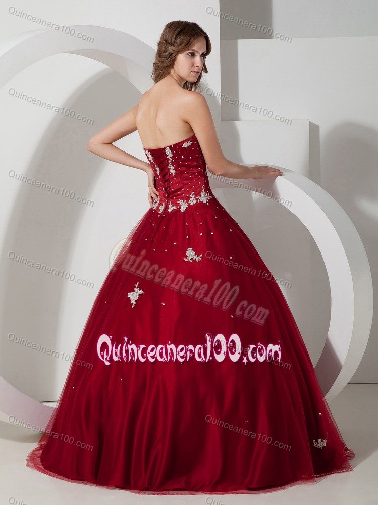 Wine Red Beading Quinceanera Dress with White Appliques and Apron