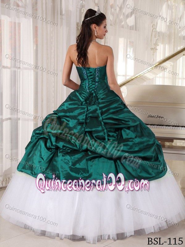 Green Taffeta and White Tulle for Appliques Dresses for Quinceanera