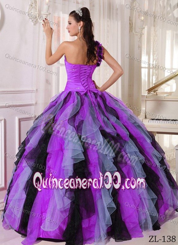 Multi-colored One Shoulder Beading and Ruffles Quinceanera Dress