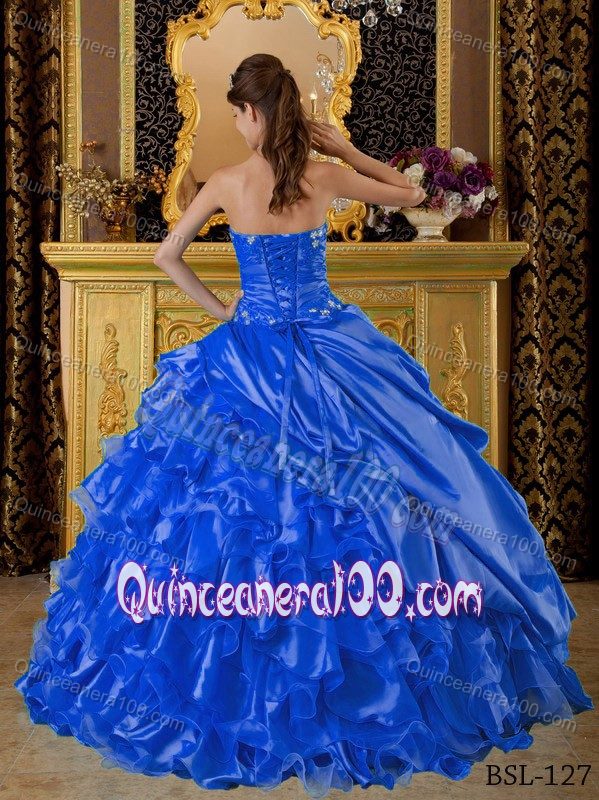 Alison Lohman Royal Blue Appliques Ruching Quinceanera Gown Dresses with Ruffles