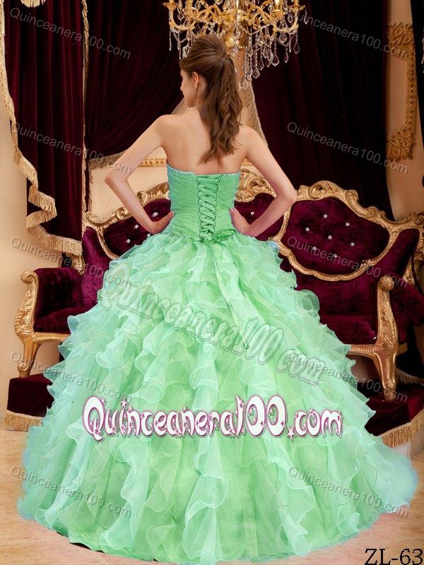 Pretty Sweetheart Apple Green Beaded Ruffled Quinceanera Dress