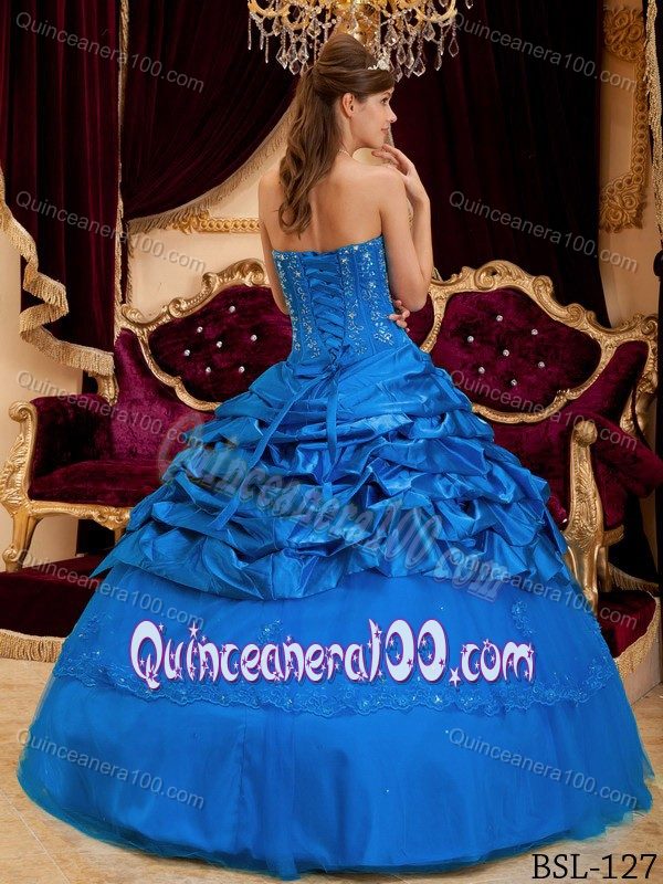 Classy Ball Gown Strapless Appliqued Beaded Blue Sweet 16 Dress