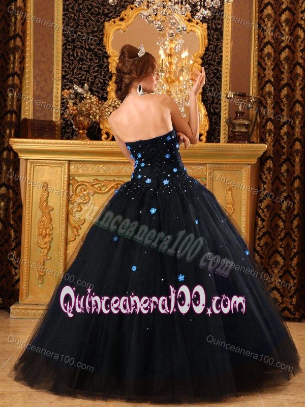 2013 Popular Tulle Floral Embellishment Black Sweet Sixteen Dress