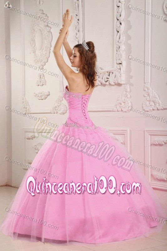 Perfect Tulle Rose Pink Fitted Sweet 15 Dresses with Rhinestones