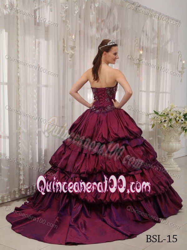 Best Court Train Appliqued Burgundy Sweet 15/16 Birthday Dress