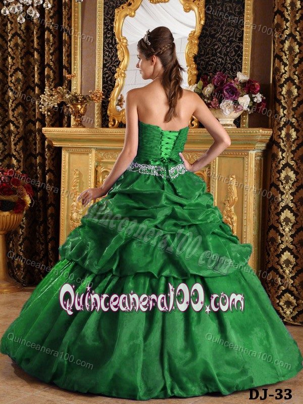 Pick-ups Ruched Appliqued Hunter Green Quinceanera Party Dress