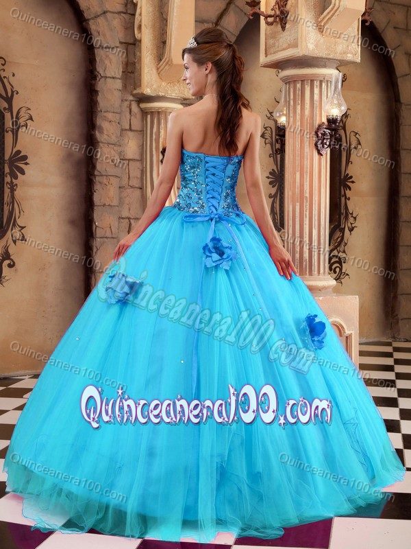 New Style Aqua Blue Strapless Sweet 16 Dresses with Flowers