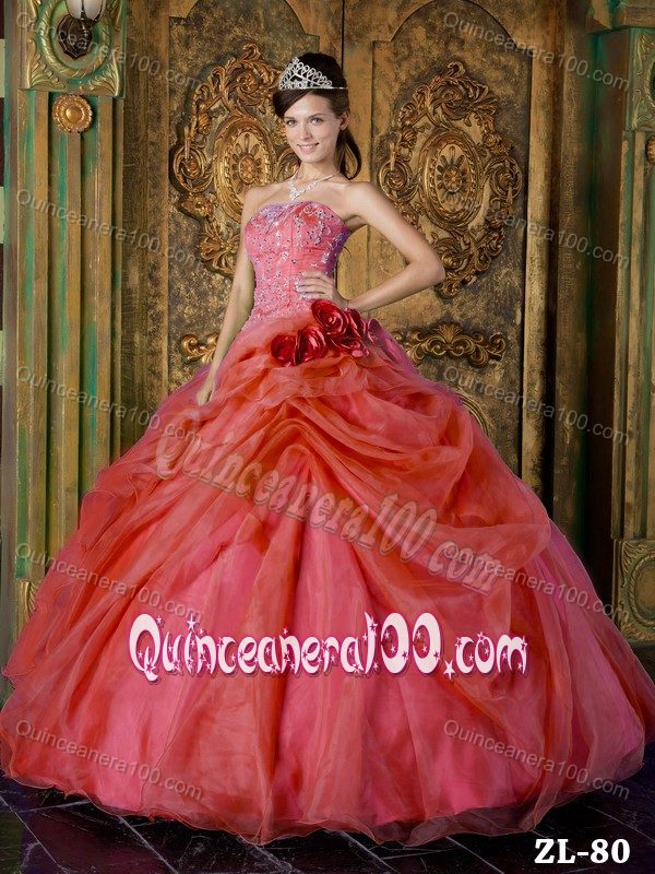 Rust Red Ball Gown Quinceanera Dress with Beading and Flowers