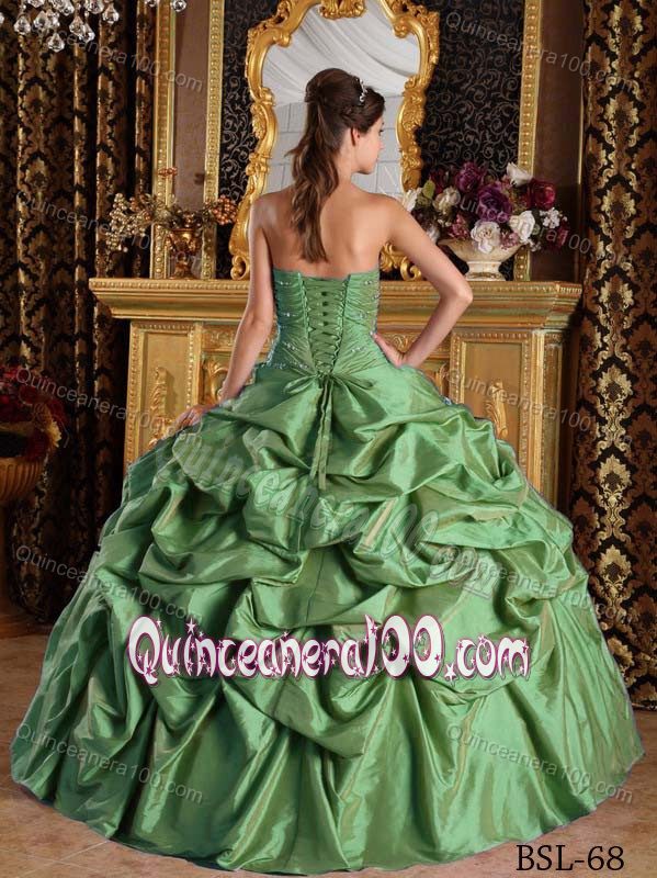 High-class Floor-length Strapless Beaded Green Sweet 15 Dresses