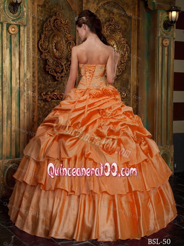 Impressive Handmade Flowers Ruffled Orange Quinceanera Gowns