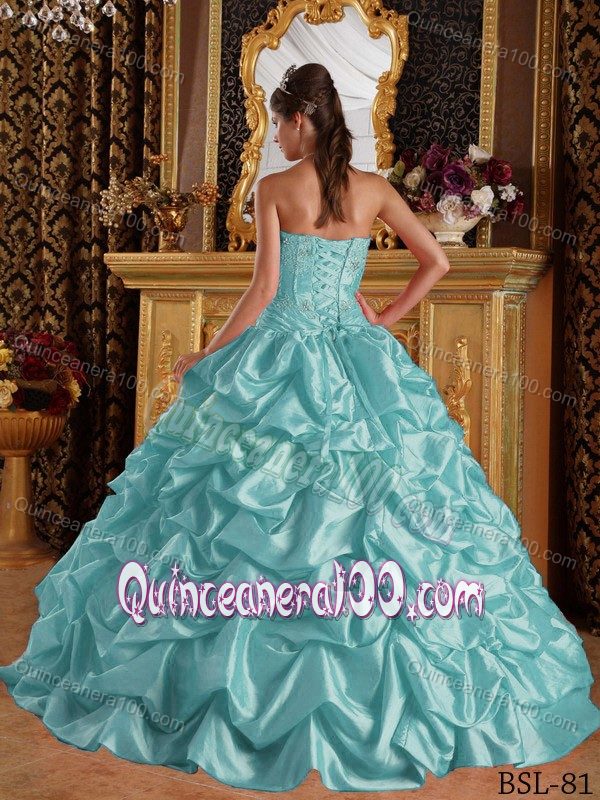 Most Popular Pick-ups Embroidery Aqua Blue Sweet 15 Dress