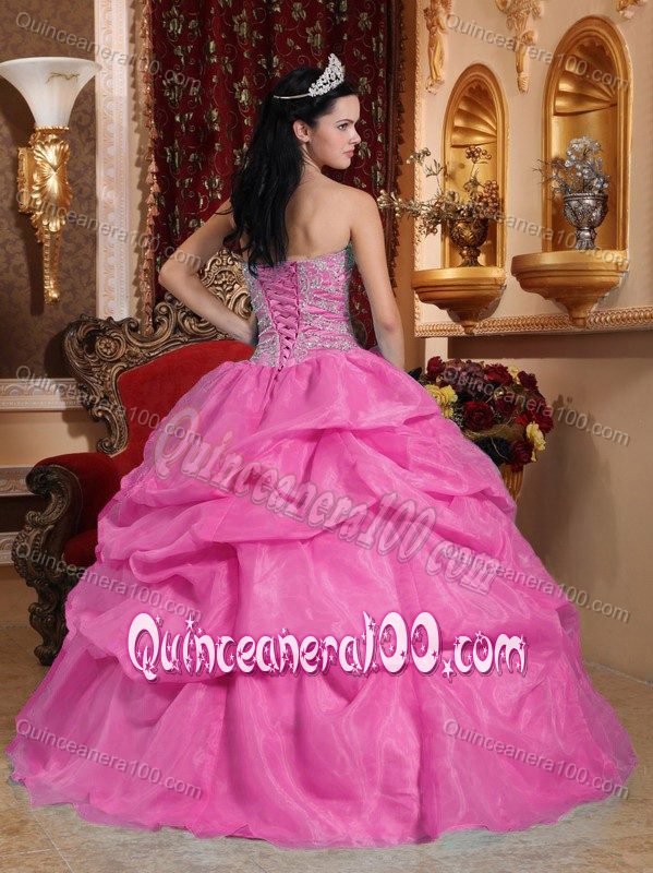 Customized Beaded Rose Pink Dress for Sweet 15 with Pick-ups