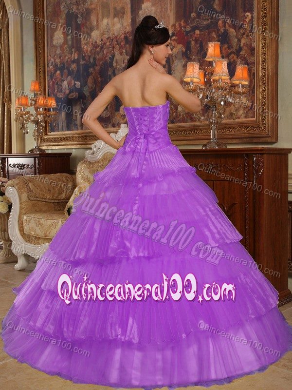 Puffy Light Purple Appliqued Pleated Layers Sweet 15/16 Dresses