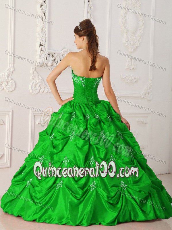 New Arrival Pick-ups Appliqued Strapless Green Dress for Quince