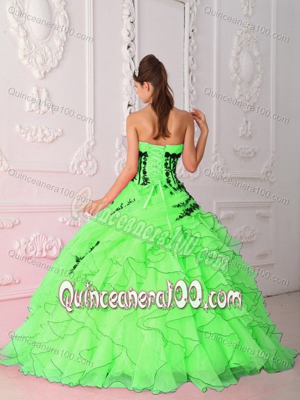 Spring Green Ruffled Dress for Sweet 15 with Black Appliques