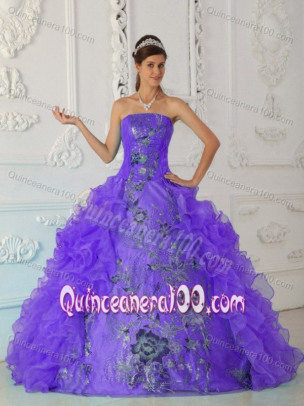 Ball Gown Embroidery Ruffled Light Purple Sweet Sixteen Dresses 