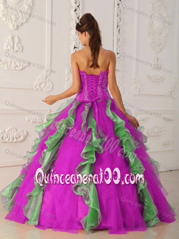 Strapless Appliqued Ruffled Dresses for Quinceanera in Fuchsia