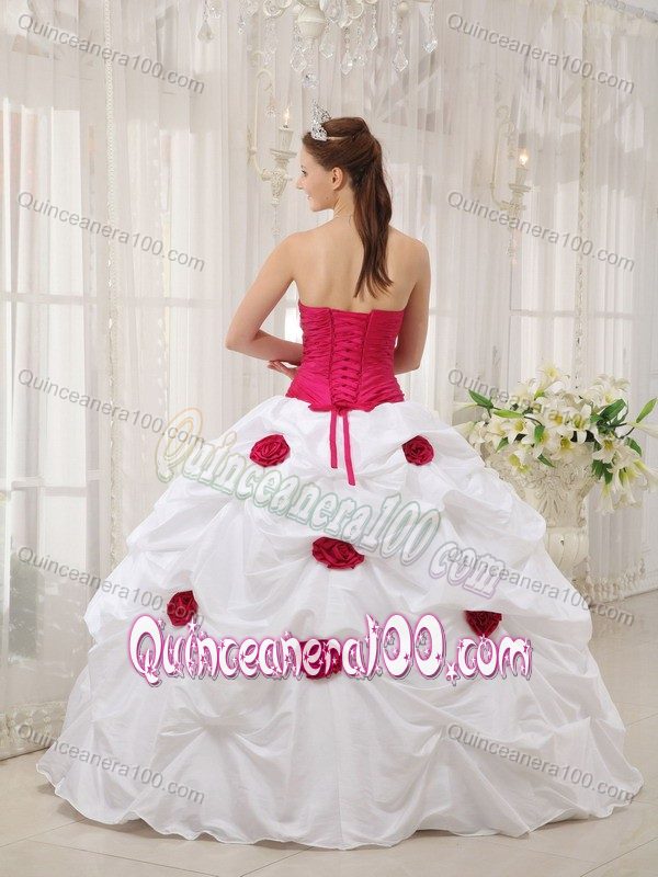 Classy Hot Pink and White Beaded Sweet 15 Dresses with Flowers