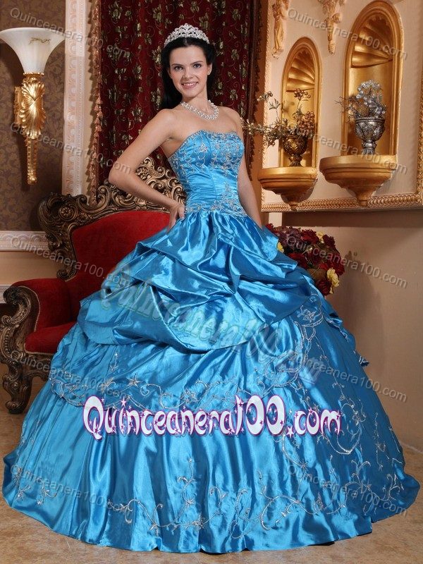 Ball Gown Pick-ups Embroidery Beaded Blue Quinceanera Dress