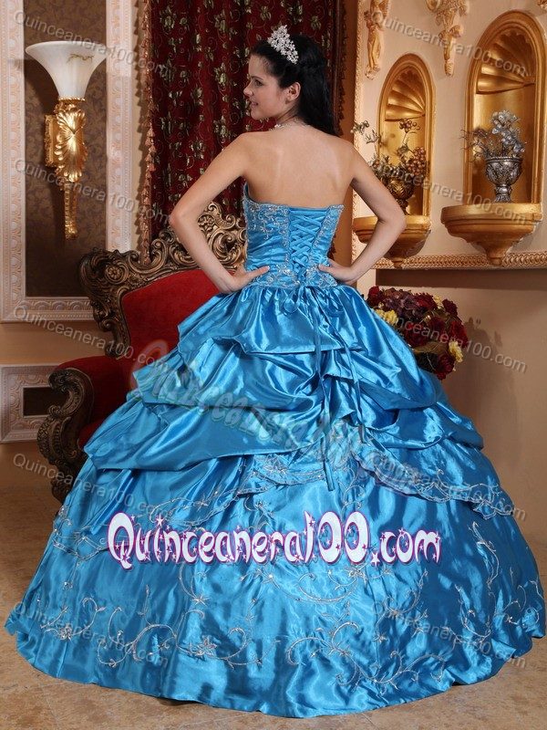 Ball Gown Pick-ups Embroidery Beaded Blue Quinceanera Dress