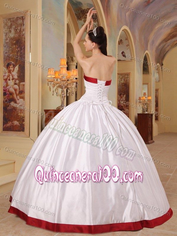 Plus Size Simple Ball Gown White Sweet 15 Dresses with Red Hem