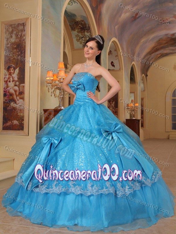 Custom Made Sequins Beaded Appliqued Aqua Blue Quince Dress