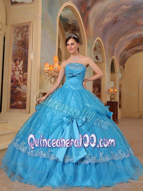 Custom Made Sequins Beaded Appliqued Aqua Blue Quince Dress