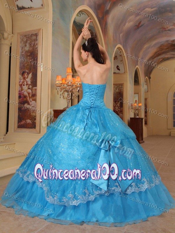 Custom Made Sequins Beaded Appliqued Aqua Blue Quince Dress