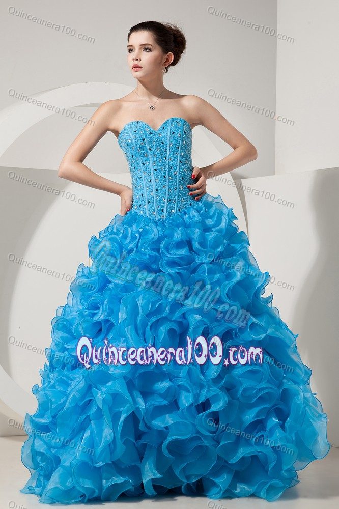 Cheap Baby Blue Beaded Sweet Sixteen Dress with Rolling Flowers