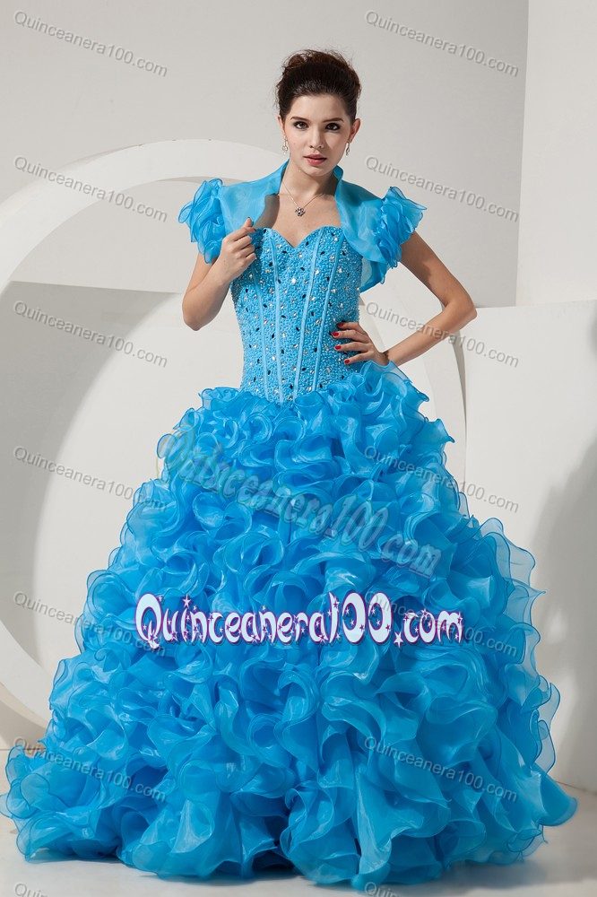 Cheap Baby Blue Beaded Sweet Sixteen Dress with Rolling Flowers