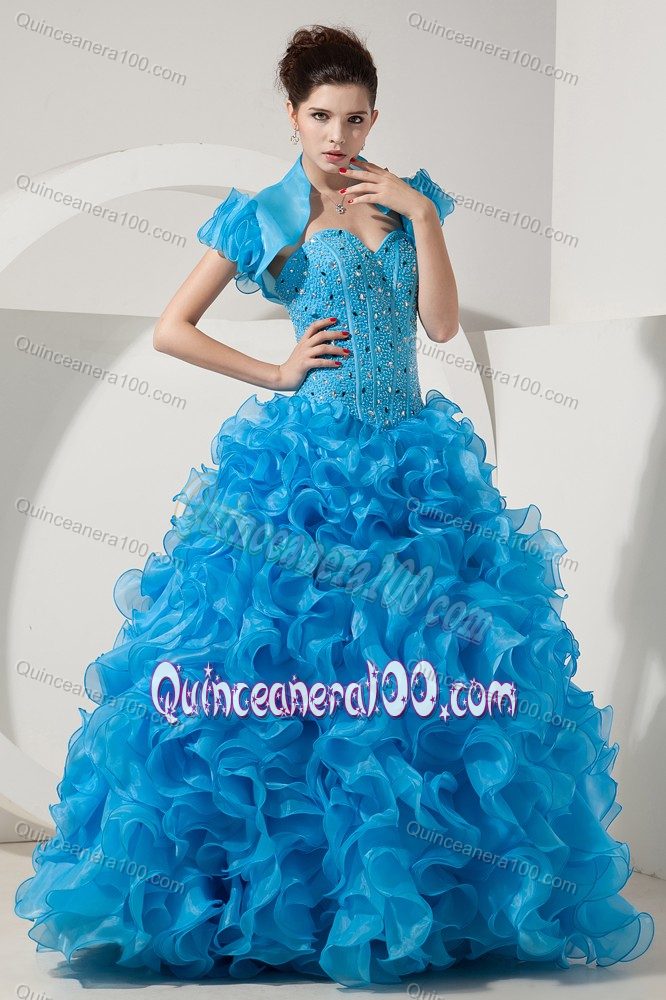 Cheap Baby Blue Beaded Sweet Sixteen Dress with Rolling Flowers