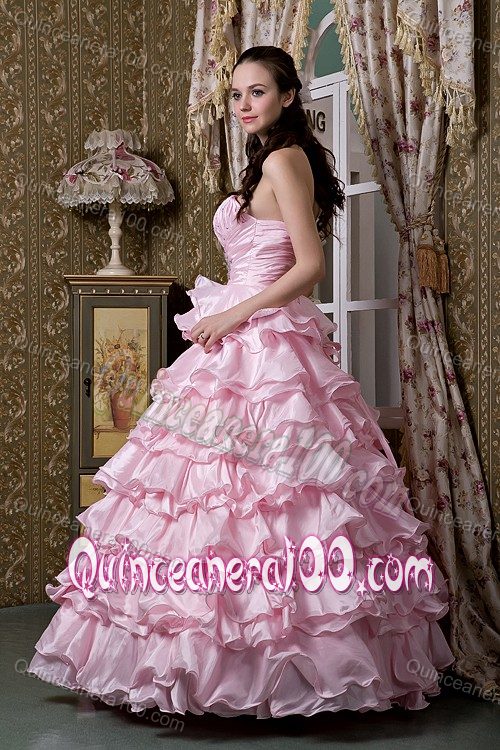 Baby Pink A-line One Shoulder Ruffled Layers Beading Quince Dresses