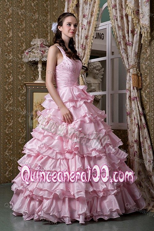 Baby Pink A-line One Shoulder Ruffled Layers Beading Quince Dresses