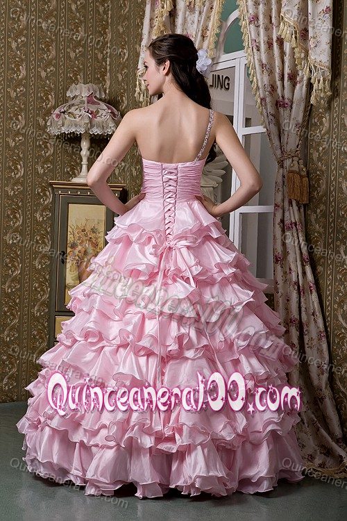 Baby Pink A-line One Shoulder Ruffled Layers Beading Quince Dresses