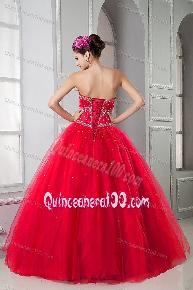 New Red Sweetheart Beading Pleated Floor Length Dress for Sweet 15