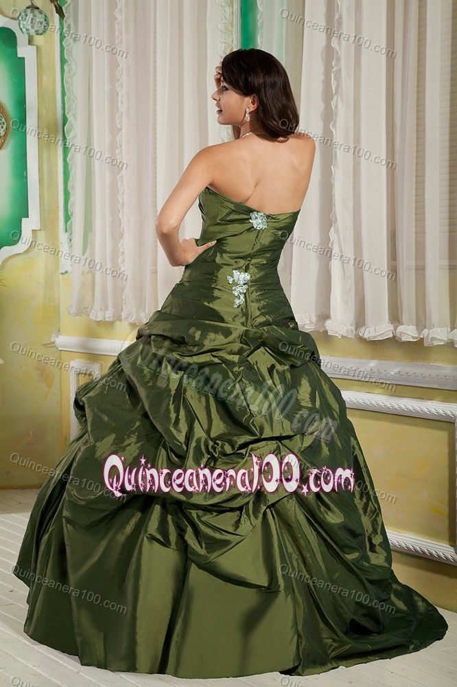 Olive Green A-line Strapless Quinceanera Dresses with Pick-ups