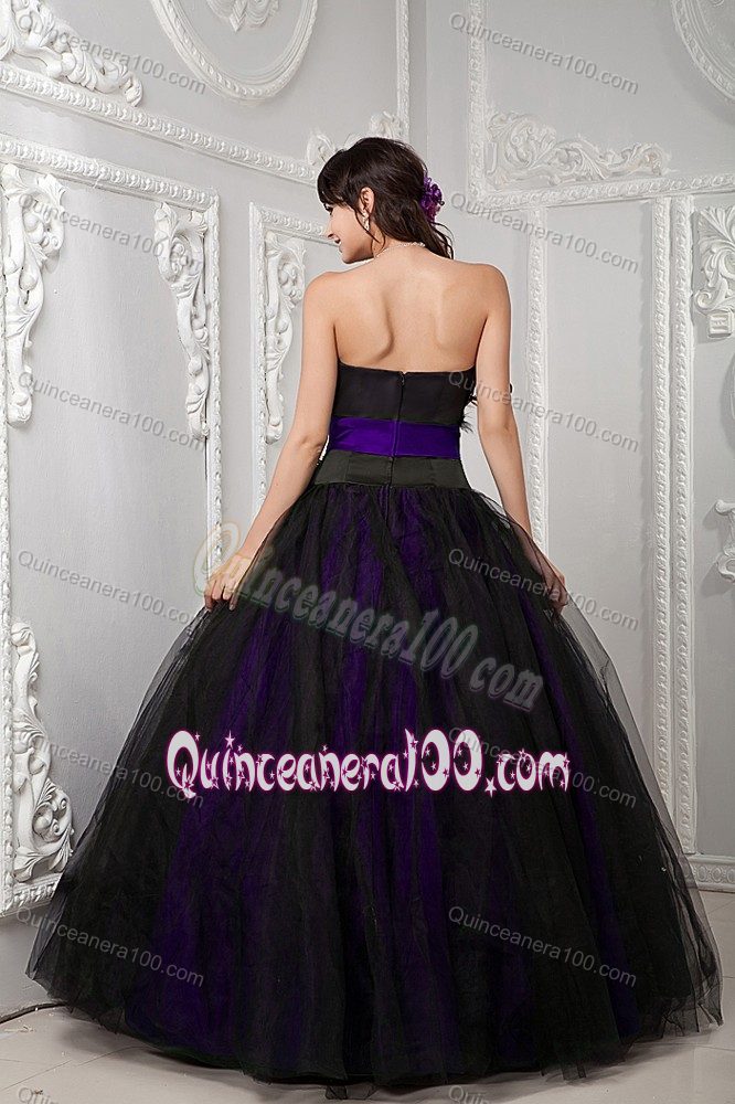 Black and Purple Feather Accent Strapless Quinceanera Dresses