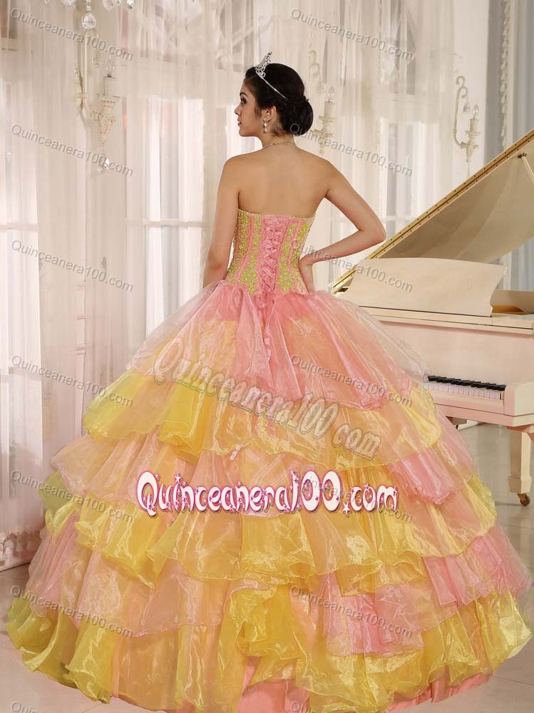 Popular Colorful Ruffled Layers and Appliques Quinceanera Gown