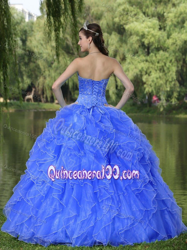 New Blue Sweetheart Beaded Ruffles Decorate Sweet 15 Dresses