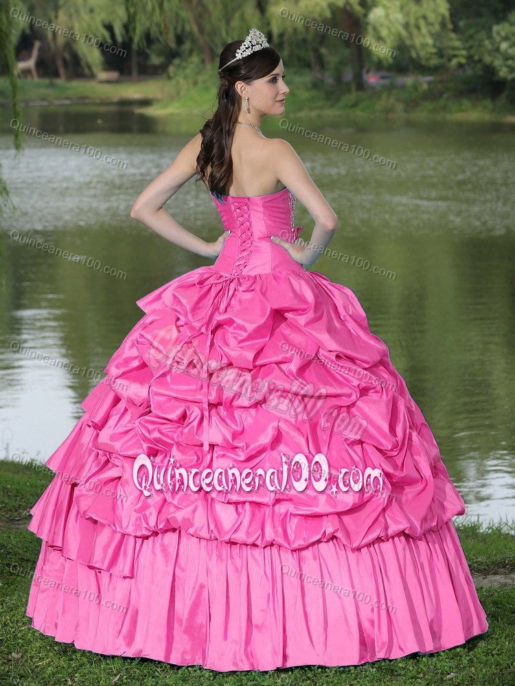 Hot Pink Strapless Pick-ups and Pleats Beading Quinceanera Dresses