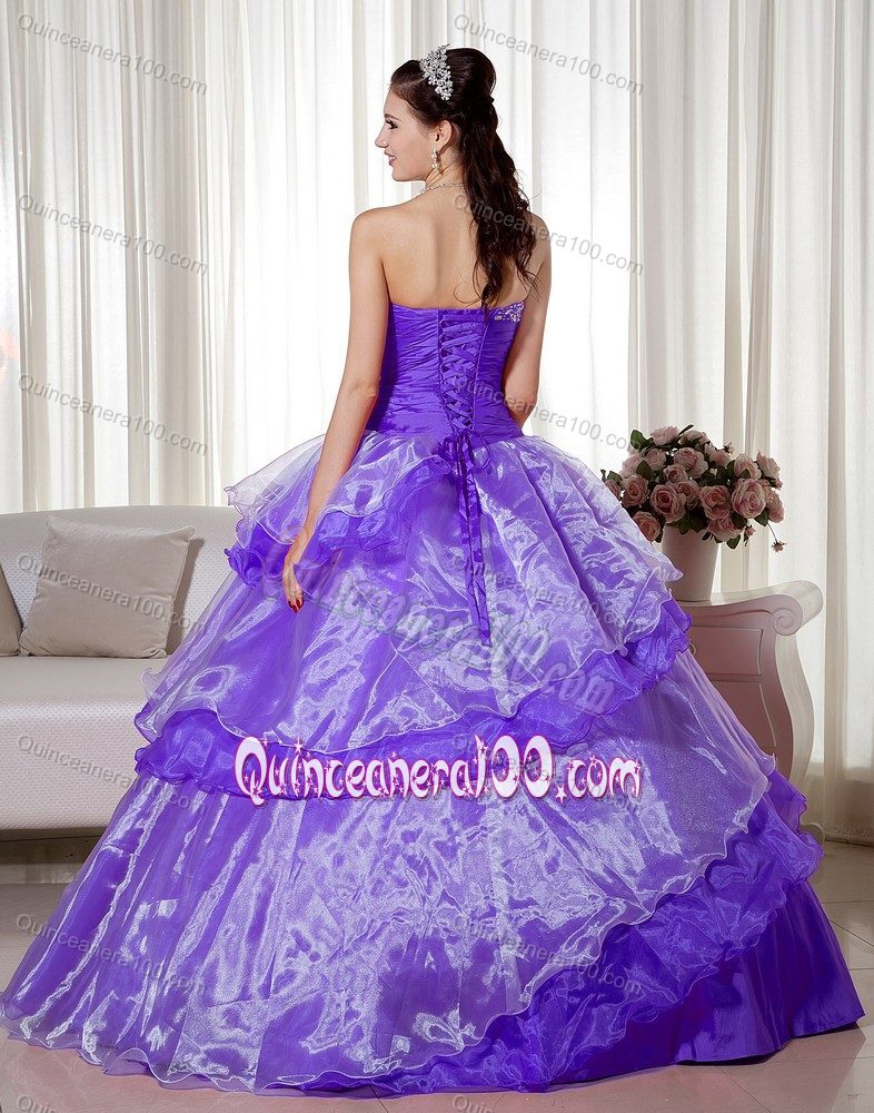 Purple Sweetheart Hand Made Flowers Beaded Quinceanera Dresses