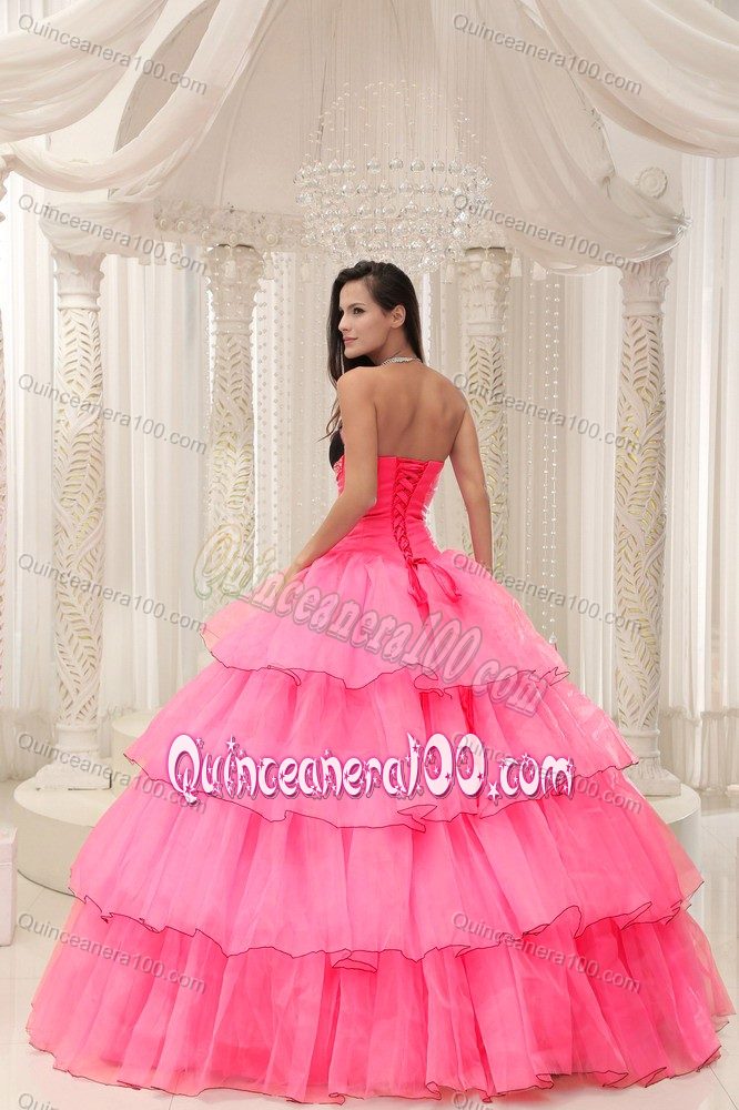 Pink and Black Sweetheart Tiered Beaded Dress for Quince