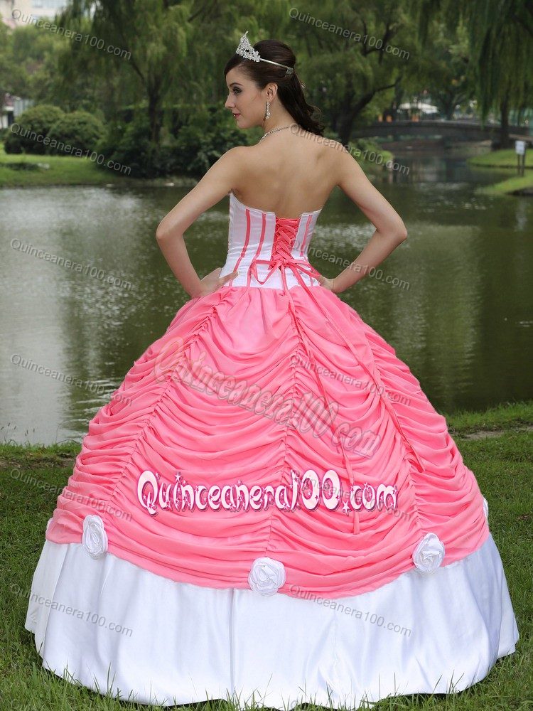 Most Popular Watermelon and White Strapless Ruffles Quince Dress