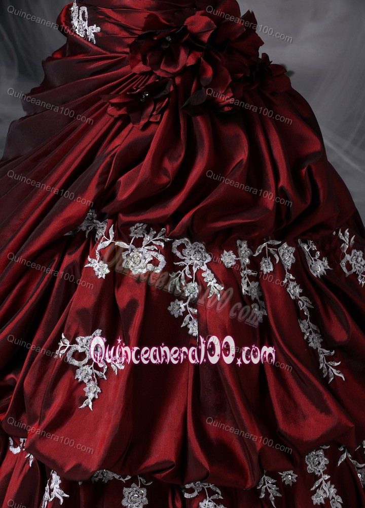 Burgundy Strapless Taffeta Ruche Quinces Dresses with Appliques