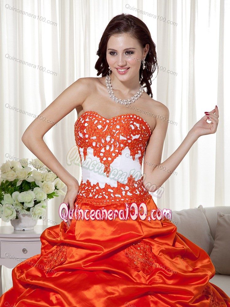 Discount Orange Pick-ups Appliques Quinceanera Dress in Taffeta