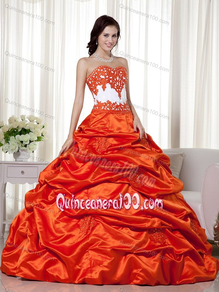 Discount Orange Pick-ups Appliques Quinceanera Dress in Taffeta