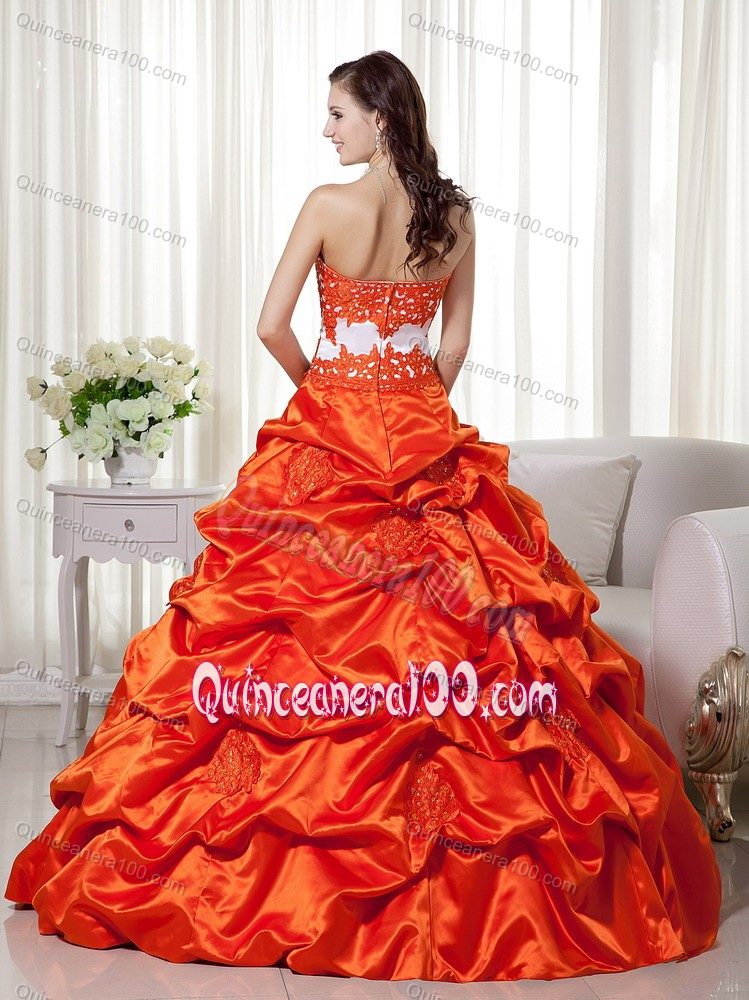 Discount Orange Pick-ups Appliques Quinceanera Dress in Taffeta