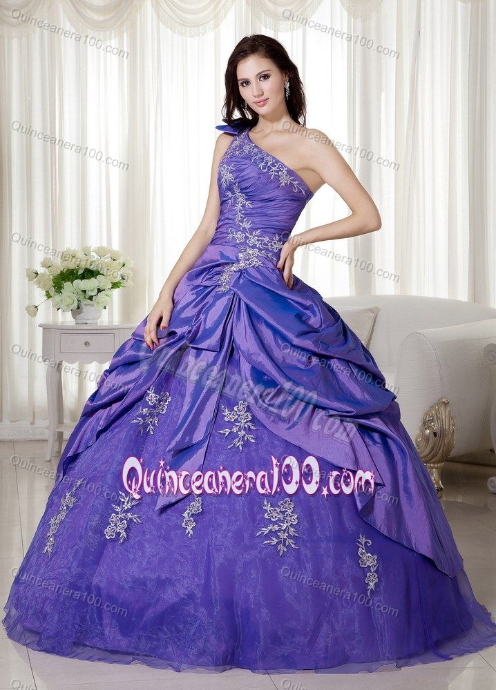 Taffeta and Organza One Shoulder Sweet 15 Dress with Appliques