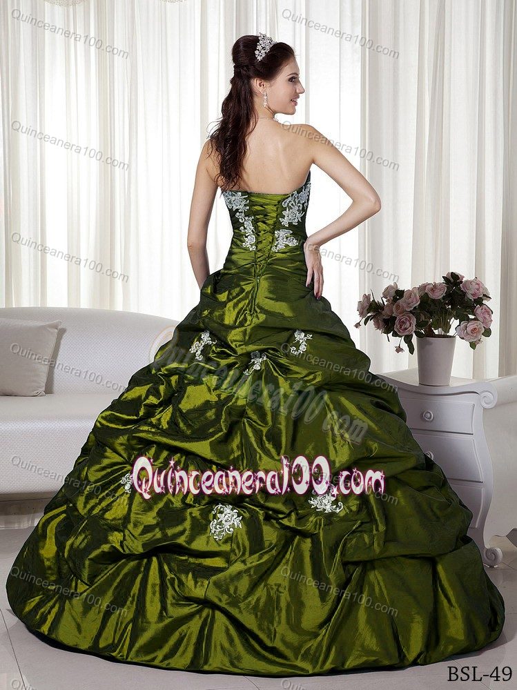 New Olive Green Appliques Quinceanera Party Dress with Pick-ups